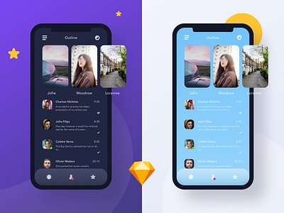 Outline day and night app blue chat color design flat ios iphone media night mode outline people photography purple sketch social ui kit user ux white