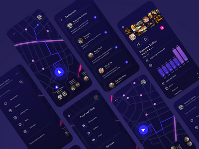 First preview of Throttle App app black blue car color dark design drive gallery info card local map menu neuomorphic night mode schedule sketch ui kit vector