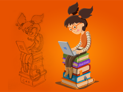Girl books laptop programmer schoolgirl