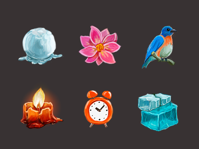 Hand drawing icons alarm clock bird flower ice icons water сandle