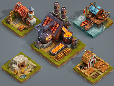 HIGHLORD. Resource Buildings bakery buildings farm fishing game isometric map mine rpg smelter