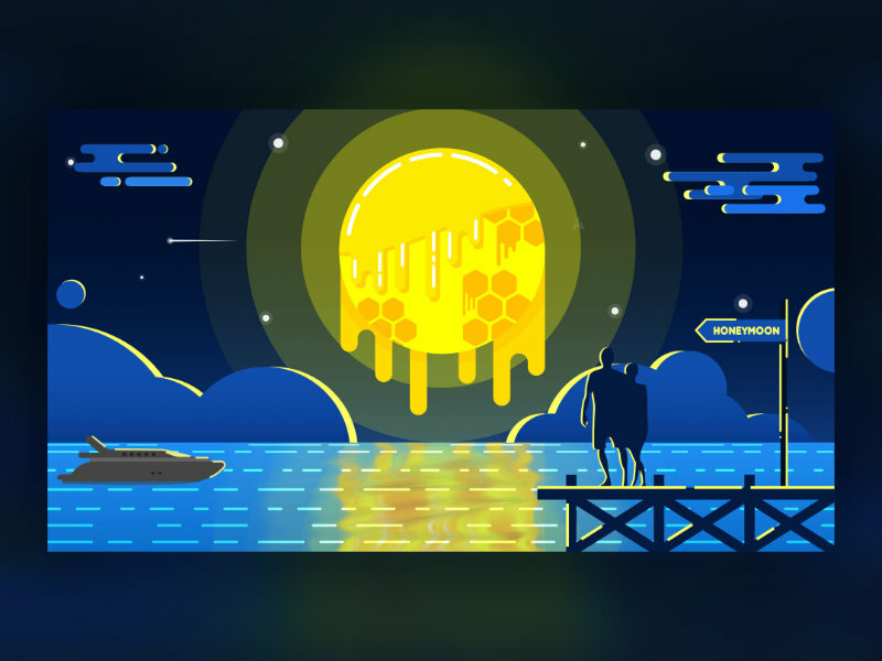 Honeymoon clouds environment docks sea lake stars night planet moon graphic illustration love couple romance honeymoon honeycomb honeybee honey vector illustration graphic design