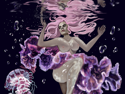 Fantasy Art- Underwater Swimming with Jellyfish design illustration