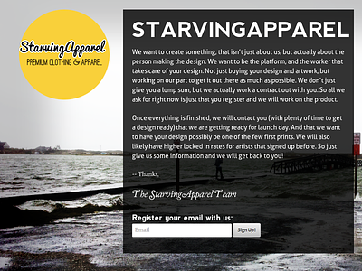StarvingApparel Coming Soon Page about about us beta info signup starvingapparel