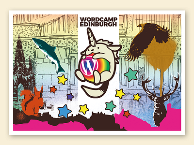 WordCamp Edinburgh 2017 - Postcard edinburgh golden eagle illustration red deer salmon scott monument squirrel swag wappuunicorn wapuu wordcamp wordpress