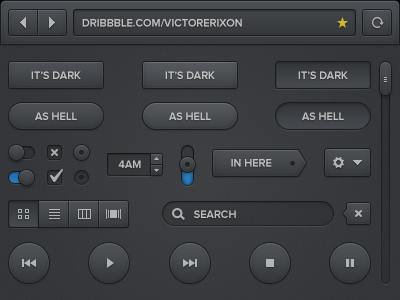 Dark as Hell UI bookmark browser button buttons checkmark favorites freebie icon music player progressbar psd refresh search settings slider ui ui kit web webdesign website