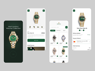 Watch Ecommerce App apps checkout page delivery page ecommerce landing page mobile payment page product page rolex watch watches watches ecommerce