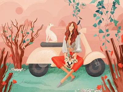 Summer mood 🏝🛵 girl illustration scooter sea summer trees vespa