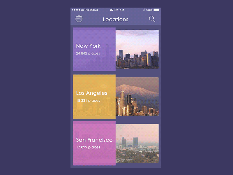 Travel App for iOS (gif) cities city guide menu ny priciple screens transition travel travelling