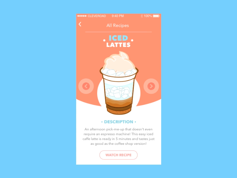 Coffee Recipes App Concept card coffee drink gif ice ios latte like list recipe transition