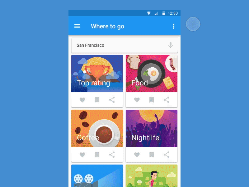 WhereToGo App Concept - Animation android blue coffee food gif material material design nightlife profile rest sandwich menu travel