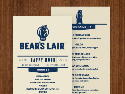 Bear's Lair Menu