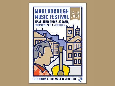 Marlborough Music Festival Poster 2d buildings design festival guitar illustration minimal music poster thicklines town