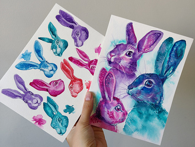 Colorful hares illustration rabbits watercolor