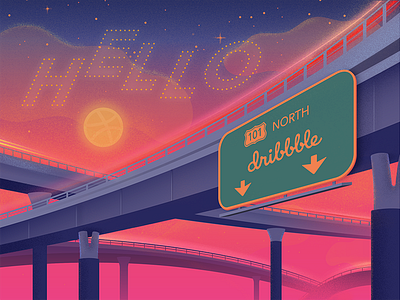 Hello, Dribbble! ai debut first shot hello illustration sunset vector