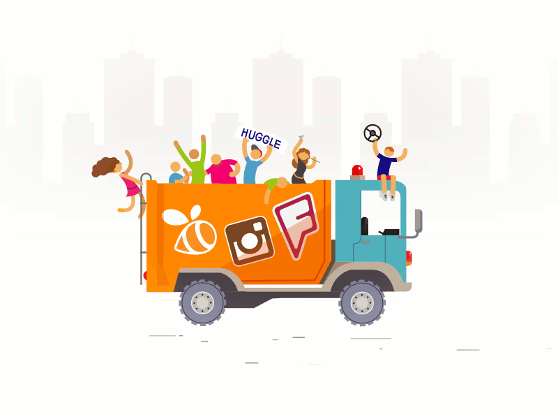 Animated onboarding Illustration for Huggle animation balloons car character city flat fresh party social truck wheel