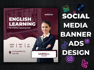 English learning webinar social media ads design