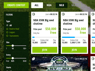 Dashboard of the contests bet flat landing landing page mlb money nba nfl nhl sports