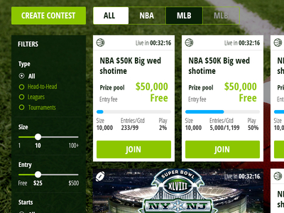 Dashboard of the contests bet flat landing landing page mlb money nba nfl nhl sports