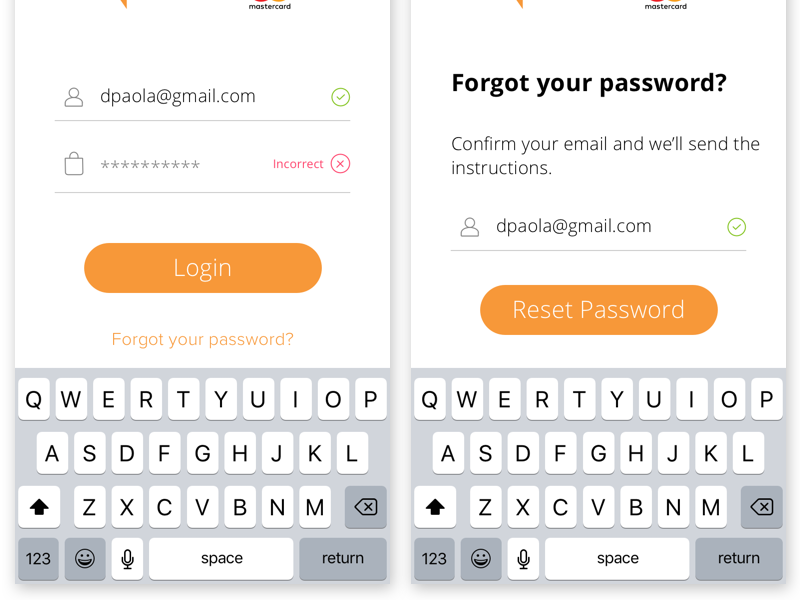 Login error and forgot password screens designed by Daniel de Paola. 