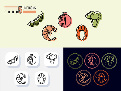 5 line icons healthy food design icon брокколи горох гранат иконки криветка полезная еда рыба