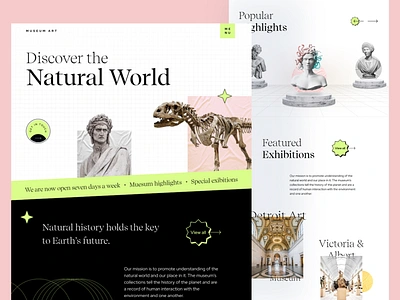 Museum Art website concept design! animal black branding creativedesign dinosaur fictionalcharacter fossil graphicsdesign green illustration museum nature reptile skeleton t rex terrestrialanimal uiuxdesign vector webdesign webdesigner