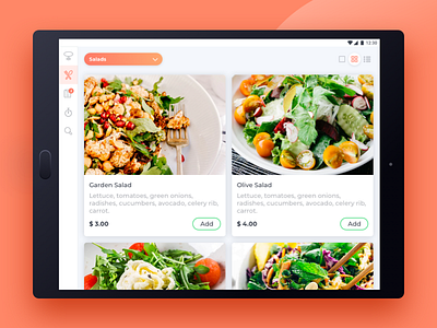Restaurant App android app cards design food grig list menu restaurant salad tablet tasty ui
