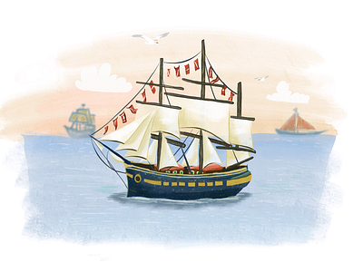 Ahoy boat boaty mcboatface boston digital illustration nautical ocean painting pirate procreate sail ship