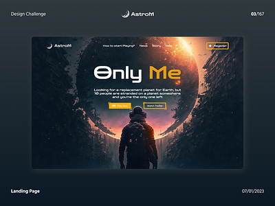 Design Challenge Day 3 | Landing Page - AstroM astronot broke earth game game pc landing page only me planet sun ui ux