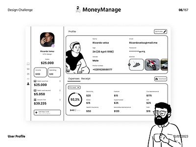 Design Challenge Day 6 | User Profile - MoneyManage black black white design management money money management profile ui user user profile ux white