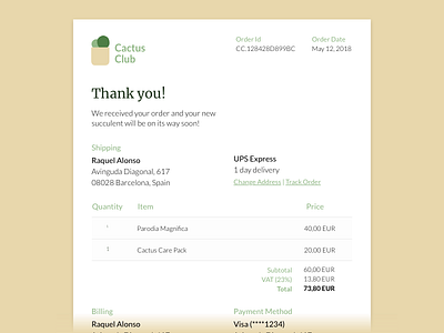 Daily UI #017 — Email Receipt 017 cactus challenge dailyui e commerce green invoice online shop receipt store ui web