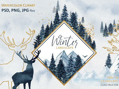 Watercolor Winter Landscape constructor cards christmas clipart design gift tags illustration mountains posters watercolor wild forest winter