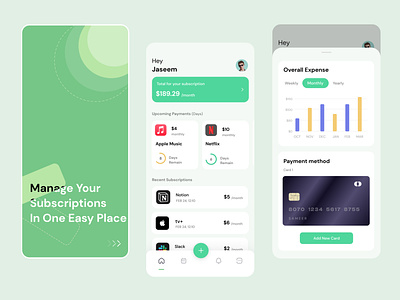 Subscription Manager App UI Concept 3d animatio app controller flutter graphic design green interation logo manager minimal mobile subscription ui