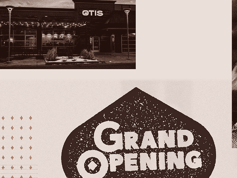 Otis Grand Opening — WIP badge black and white brand branding brown coffee color identity illustration instagram logo man mark photo social media stamp texture type typography vintage