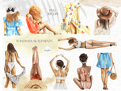 Watercolor Summer Clipart. Girls illustrations beach season fashion illustration female silhouette freelance illustrator girl character girl in hat graphic elements instagram stories nomad girl planner girl clipart png elements png illustrations summer design summertime traditional painting travelling vacation watercolor clipart woman woman figure