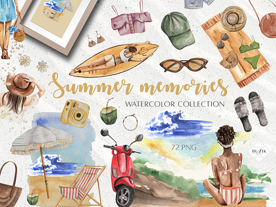 Summer Memories Watercolor Collection PNG aquarelle beach season branding contemporary watercolor fashion illustration girls hand drawn illustrations instagram stories picnic png arrangement png illustrations seamless patterns seaside summer design summer graphics summer poster vacation trip watercolor clipart watercolour background woman figure
