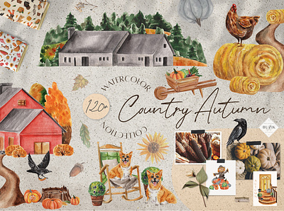 Country Autumn Watercolor Collection. Seamless Patterns PNG animals and pets autumn illustration branding country autumn cozy fall eco food blog fall graphics farmers market farmhouse graphic design harvest season instagram stories landscape creator patterns print png illustrations pumpkin seamless pattern thanksgiving village watercolor collection