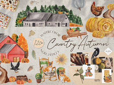 Country Autumn Watercolor Collection. Seamless Patterns PNG animals and pets autumn illustration branding country autumn cozy fall eco food blog fall graphics farmers market farmhouse graphic design harvest season instagram stories landscape creator patterns print png illustrations pumpkin seamless pattern thanksgiving village watercolor collection