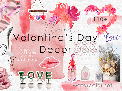 Valentine's Day Watercolor Decor Set branding decor digital paper floral arrangement graphic design hand drawn holiday cards instagram stories love design love is in the air pink png illustrations printable romantic seamless patterns social media template surface pattern valentines day watercolor clipart watercolor texture