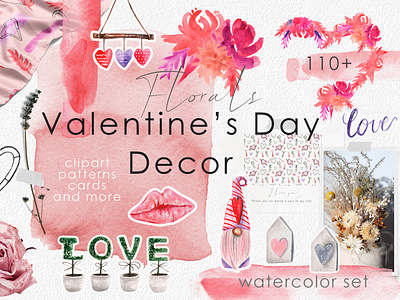 Valentine's Day Watercolor Decor Set