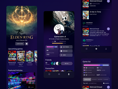 Gaming news, community and tracking app app design graphic design ui ux