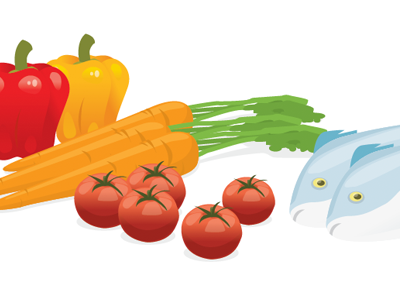 Illustrated Food items carrot fish food illustration tomato