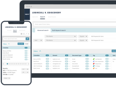 Logikcull software UI on apple devices