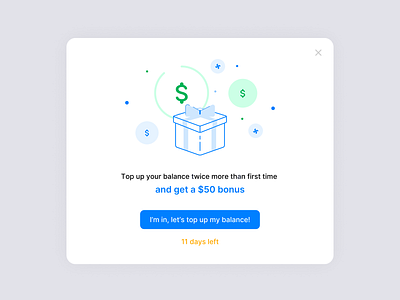 Add funds promo block flat gift box illustraion popup prize product design promo settings ui ux vector