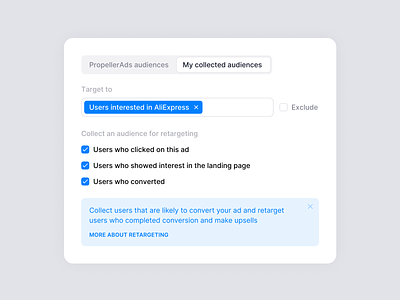 Audiences settings checkboxes design form hints product design settings smart hints system tabs ui ux web web application