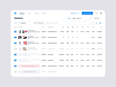 Advertising creatives statistics complex data interfaces loading states preview product design scrollable table tables ui ux