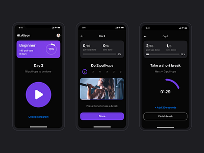A pull-ups workout app dark mode health mobile app product design ui ux violet workout