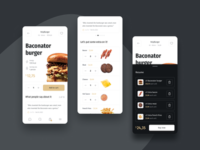 Burger Store App android app bacon beige black bread burger checkout cheese custom delivery design flat food hamburger iphone mobile personalized ui ux