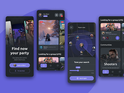 Gamer Finder App - Find now your party android dark design experience game gamer geek indigo interface ios mobile nerd player purple radar social ui user ux video game