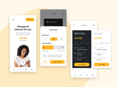 ISP Internet service provider app amber android aplication app black bottomsheet clean design experience interface internet iphone isp mobile provider slider ui usability ux yellow